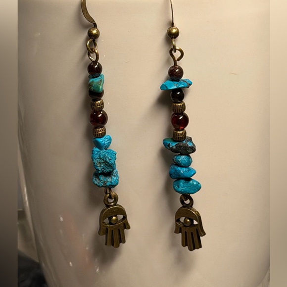 Handcrafted Garnet and Turquoise Hamsa Earrings - Picture 9 of 10